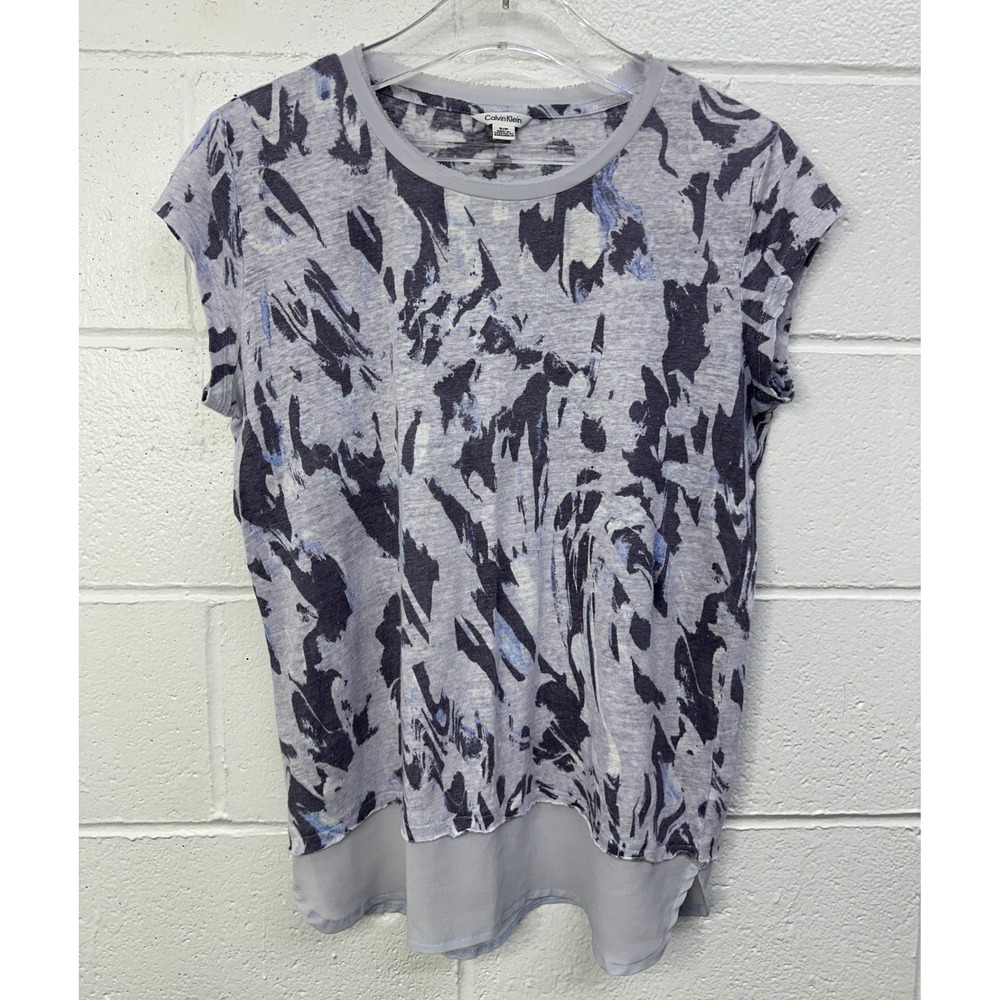 Calvin Klein Top Gray Abstract Linen Chiffon Hem / Women's Small